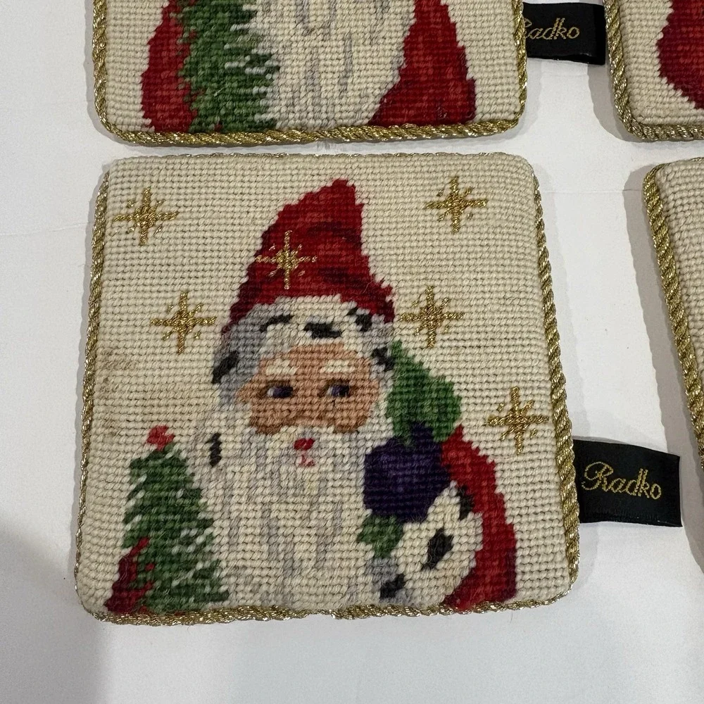 VTG Set of 4 Radko 4" Santa Needlepoint Wool Christmas Coasters Velvet Back - Picture 2 of 6